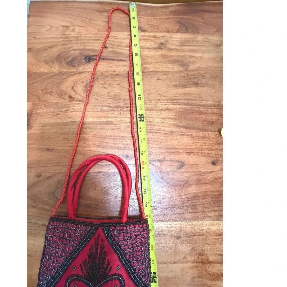 Vintage 90s Red Satin Hand Beaded Mini Handle Bag Crossbody Art Deco Elegant